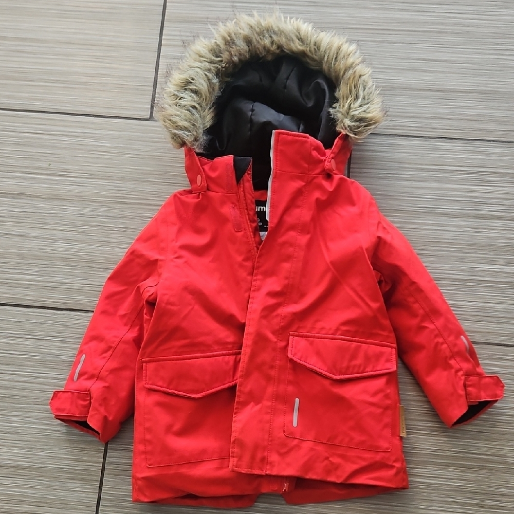 Red Kids Puffer Jacket with Faux Fur Hood Toddler Size 18-24m